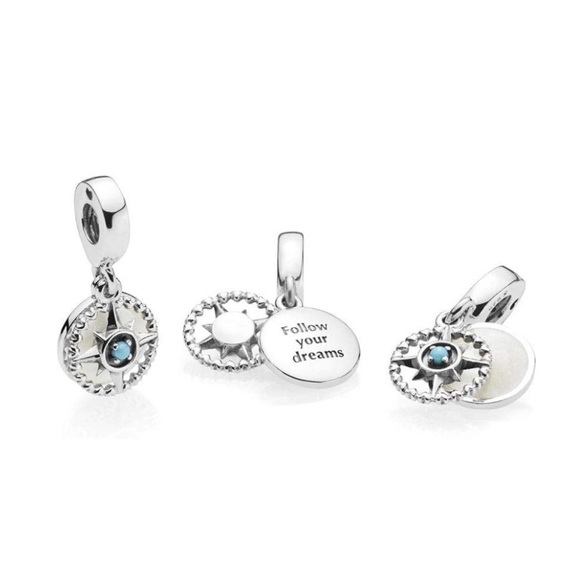 Retired Pandora Compass Rose Pendant Charm W/ Crystal & Enamel Dangle Charm - Picture 2 of 7